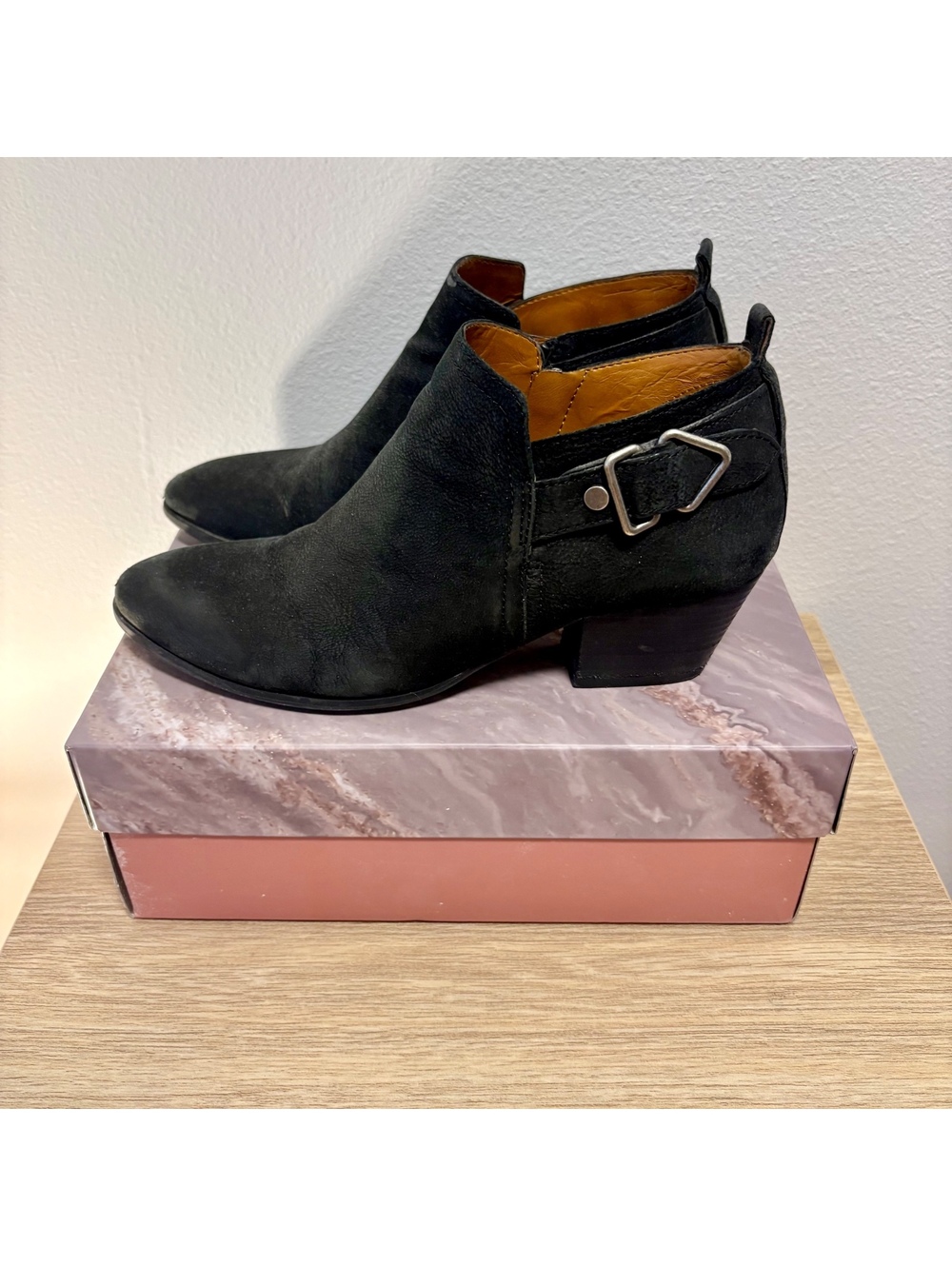 Franco Sarto Garfield Black Leather Ankle Booties Size 8M Buckle Western Boots